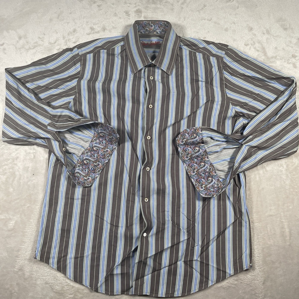 Robert Graham Flip Cuff‎ Button Up Long Sleeve Shirt Men's 16.5 42 Blue Striped - Picture 2 of 6
